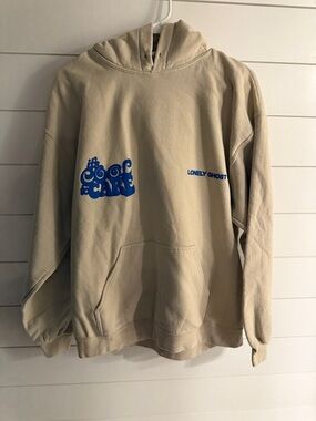 Lonely Ghost Beige Hoodie with Blue Graphic size L